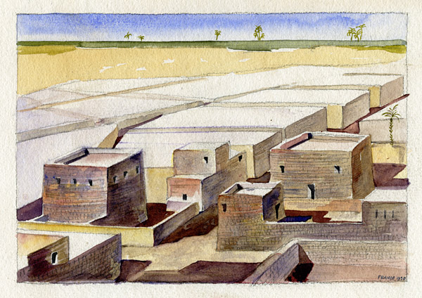 Fausto Franco. Acquerello ricostruttivo della cittadina egiziana di Tebtynis