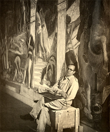 Pino Casarini a Padova, in posa accanto ai suoi affreschi nella Sala del Rettorato del Bo, 1940-1941