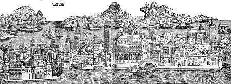 Veduta immaginaria di Venezia e laguna. Xilografia di Hartmann Schedel, Weltchronik, 1493.